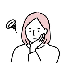 悩んで疲れている女性の手描き線画イラスト｜ストレス・睡眠不足