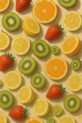 Repeating flatlay of sliced lemons, oranges, kiwis and strawberries arranged in a seamless artistic pattern.