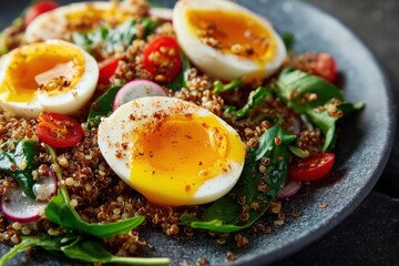 Close-up of protein-rich salad with eggs, grains, vegetables, fitness nutrition, professional food styling