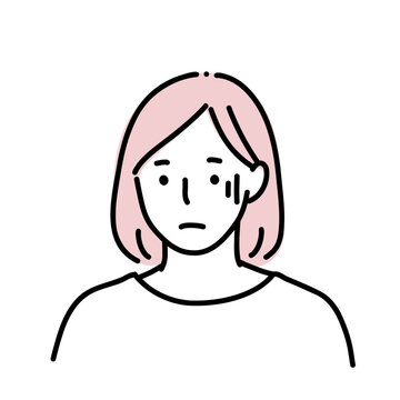 不安や緊張で青ざめている女性の線画イラスト張