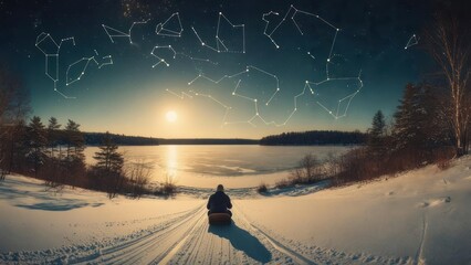 Winter Solitude - Snowscape Under a Celestial Canopy of Constellations.