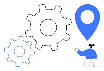Business automation, geolocation services, navigation, workflow processes, teamwork, logistics. Two gears, a location icon and a person pointing to the elements. Geolocation and process optimization