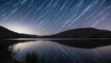 Star trails over a tranquil lake. Silhouettes of mountains meet a calm water's edge.  Long exposures capture the celestial ballet