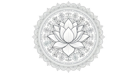 Detailed black and white lotus flower mandala line art drawing.