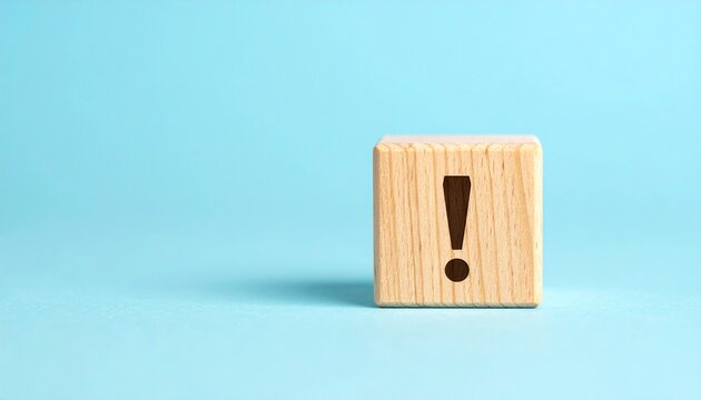 Wooden Cube with Exclamation Mark on Blue Background Important Announcement, Warning, and Attention Symbo