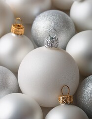 Fototapeta premium Close-up of white christmas ball decorations pattern. Cloud dancer, color of the year 2026