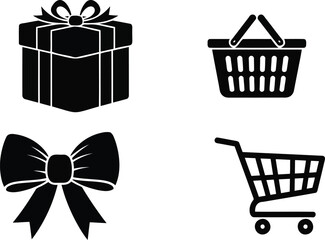 Collection of black silhouette icons for shopping and gifts, isolated on white background.