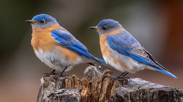 Two eastern bluebirds perched on a weathered stump outdoors in natural light