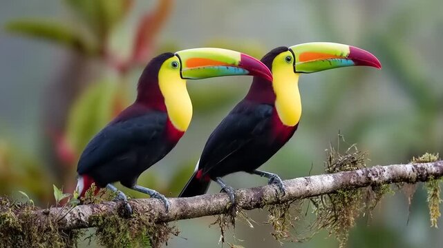 Two colorful toucans perched on a branch in natural environment