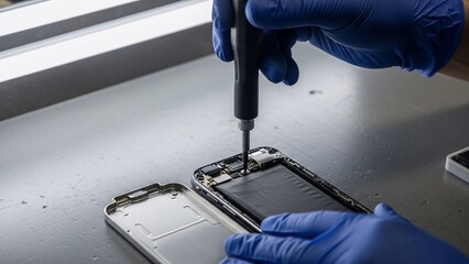 Professional technician performing intricate repair on a modern handheld electronic device using specialized tools