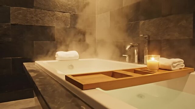 Relaxing hot bath with steam rising and a lit candle for ultimate tranquility