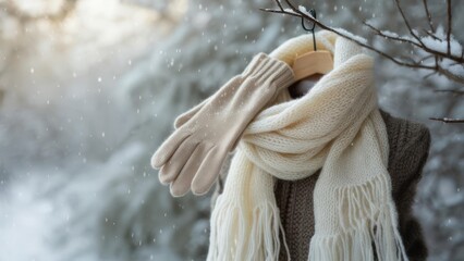 Winter Warmth - Scarf and Gloves in a Snowy Landscape.