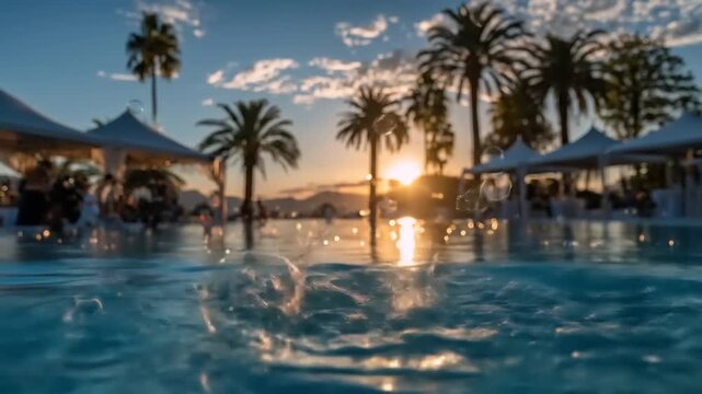 Water splash in pool at sunset with palm trees and parasols