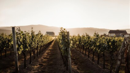 Vineyard rows stretch towards a soft sunrise,  buildings blurred in the distance.  Sunlight highlights the green foliage