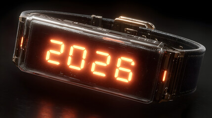 Futuristic digital watch displaying 2026 (3d rendered)