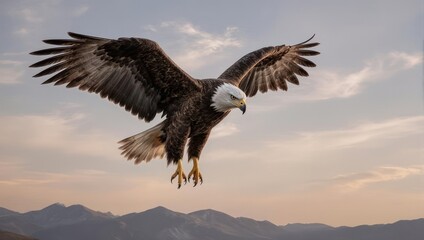 Majestic bald eagle in flight, descending towards a mountainous horizon