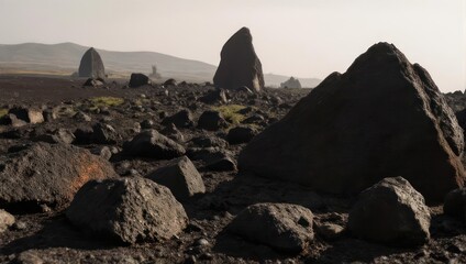 Dark volcanic rocks scattered across a desolate landscape
