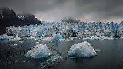 Glacial icebergs float amidst a vast, dark body of water, backed by dramatic, glacier-capped mountains