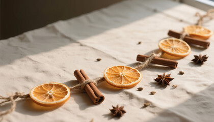 Dried orange slices and cinnamon sticks arranged on a table  