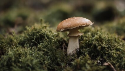 Close-up of a mushroom in moss-covered forest floor