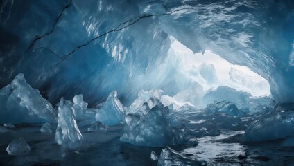 Ice cave interior, light streams in