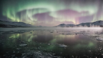 Aurora borealis reflecting on a frozen lake, dramatic colours