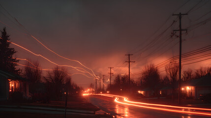 Suburban Street at Dusk with Light Trails