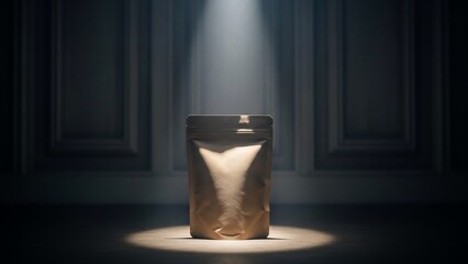 Isolated, empty pouch dramatically lit by a spotlight in a dark room