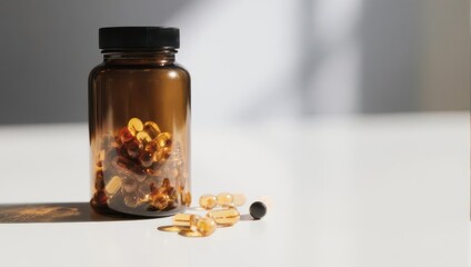 Amber glass bottle filled with assorted pills and capsules on a white surface,  illuminated by natural light casting soft shadows