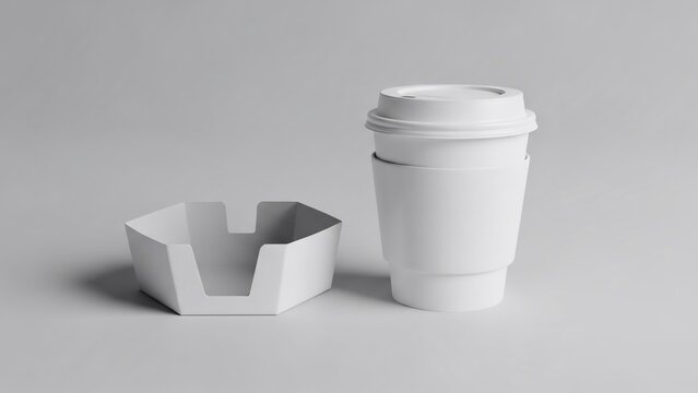 Blank white disposable coffee cup with lid and cardboard carrier holder on light background, ideal for branding mockups and take-away packaging designs