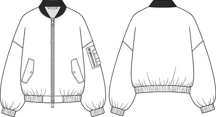 Women’s bomber jacket loose fit technical flat with zipper pockets sleeve utility detail ribbed cuffs waistband collar design, cad drawing flat vector illustration © Vector's World