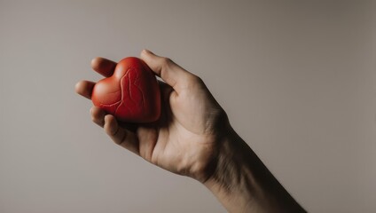 A hand holds a small, red heart-shaped object against a neutral background