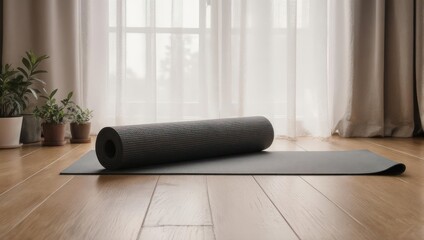 Rolled yoga mat on a wooden floor in a bright room with sheer curtains and plants
