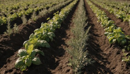 Rows of young plants in a field,  showing raised earth beds