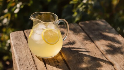 Refreshing lemonade in a glass pitcher on a wooden table outdoors