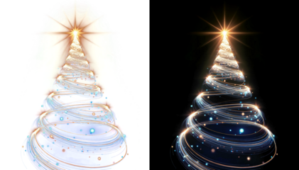 Magical glowing Christmas tree made of spiral light trails in blue and golden colors isolated on transparent background. Isolated on transparent PNG overlay
