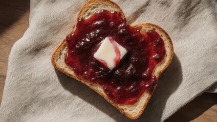Close-up of a slice of bread with jam and butter