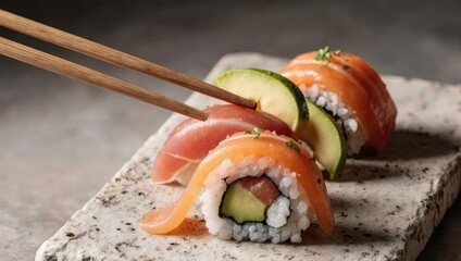 Close-up of sushi rolls, with chopsticks