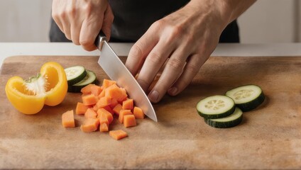 Close-up of hands chopping vegetables on a wooden board
