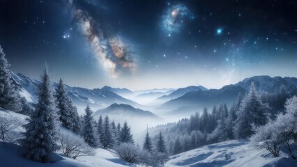 Winter Wonderland Night Sky with Milky Way over Snow-Covered Mountains and Forest.