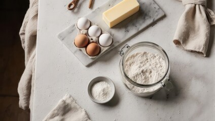 A high-angle view of baking ingredients. Eggs, butter, flour, and baking powder are arranged on a marble countertop
