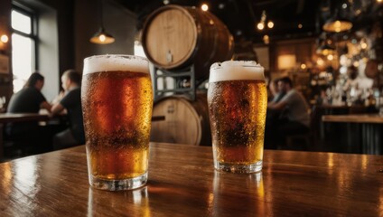 Two frosty beer glasses on a wooden table in a dimly lit pub