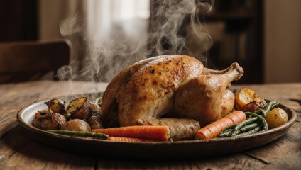 Roasted chicken with vegetables on a tray, steam rising