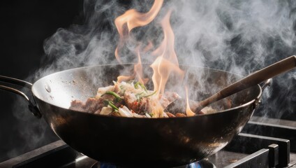 Wok with flames and steam, food cooking