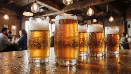 Cold beer glasses on a wooden bar top in a busy, dimly lit, industrial-style restaurant or pub