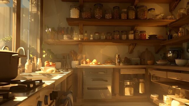 A warm and inviting cinematic view of a rustic kitchen interior bathed in golden sunset light, showcasing household items and cooking preparations.