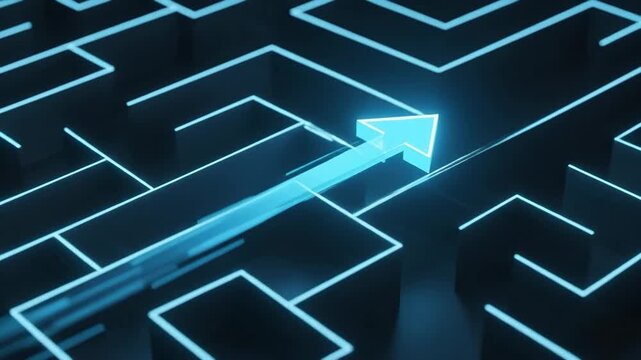 Glowing Turquoise Arrow Navigating Dark Maze Illustrating Solution Finding
