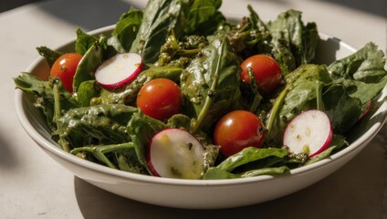 Fresh green salad in white bowl, featuring spinach, basil, cherry tomatoes, and radishes
