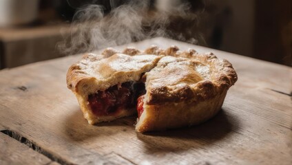 A warm, sliced fruit pie, steaming on a rustic wooden board