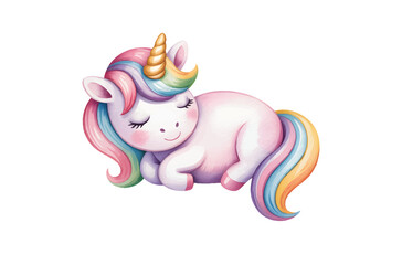 Rainbow watercolor unicorn for sweet kids birthday invitations. Soft watercolor rainbow unicorn for children illustration.